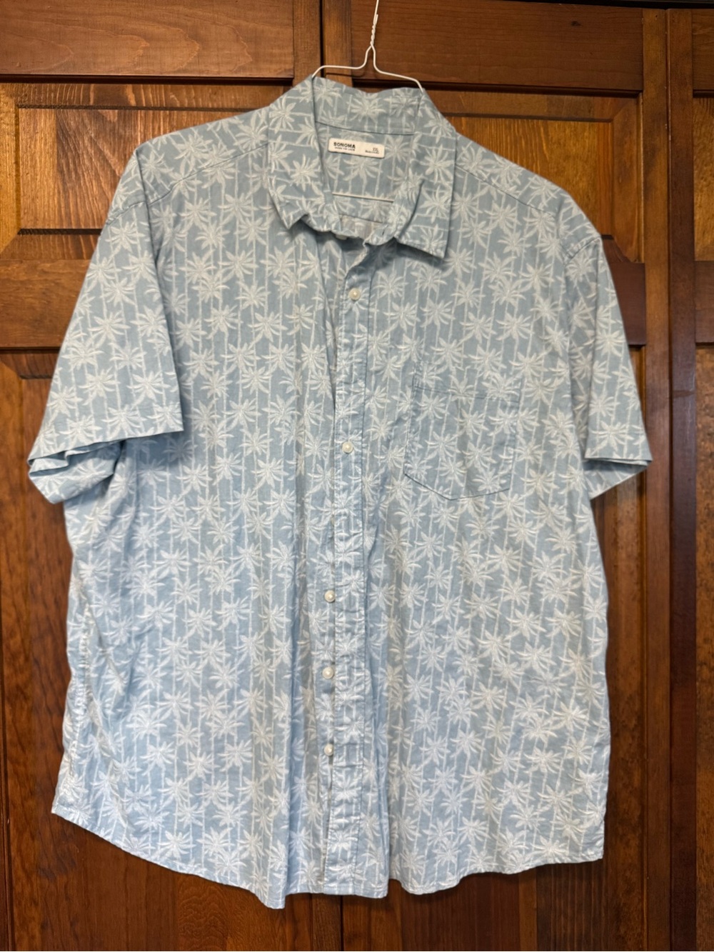 Sonoma Light Blue Palm-Print Short Sleeve Button-Down Shirt